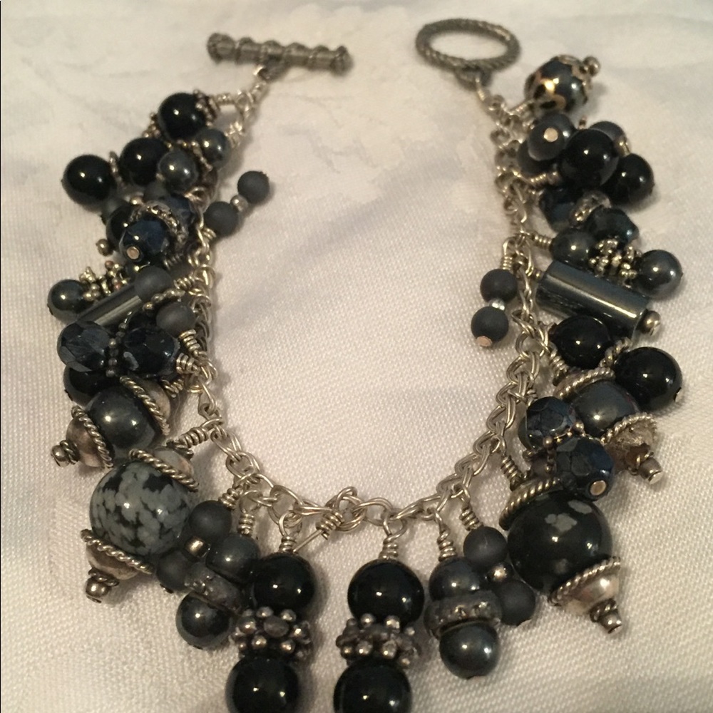 Black and Gray Glass Bead Silver Bracelet